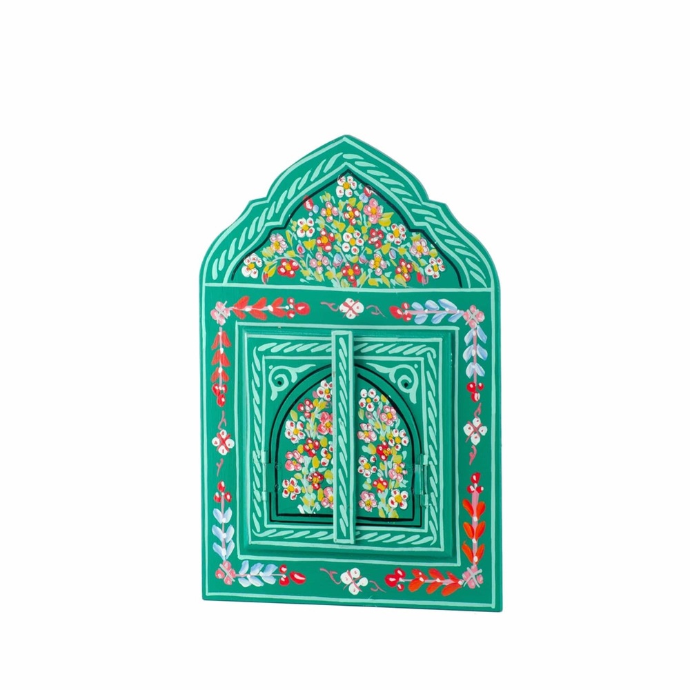 Hand painted mirror from Morocco. Made of wood and glass. Size is 8x5”Wx12.25”H